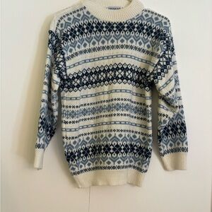 Vintage Blue and Cream Crewneck Sweater with Fair  Isle Pattern